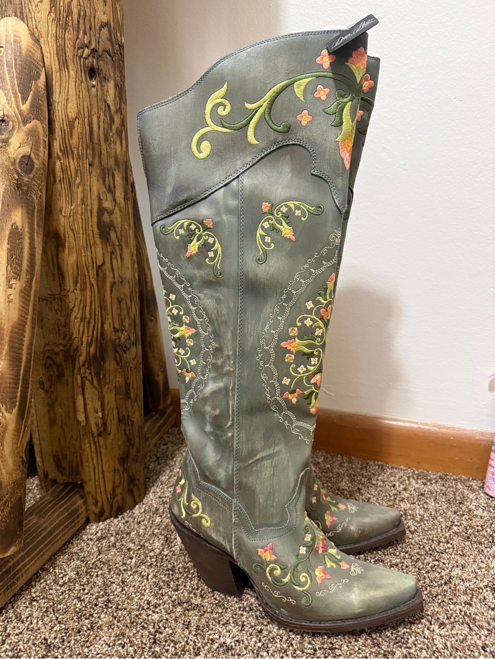 Dan Post Green Embroidered Floral Knee-High Heeled Boots